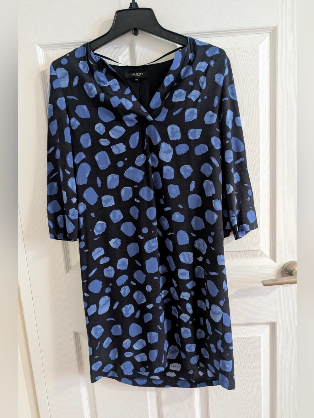 Selected Femme Chic Viscose Black Blue Abstract Print Cape Back Dress Tunic - 4
